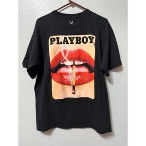 Playboy Mens Graphic T-Shirt Black Smoking Red Lips Cotton Crew Neck XL